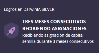Reconocimiento de Darwinex — Logros en DarwinIA Silver: tres meses consecutivos recibiendo asignación de capital semilla.